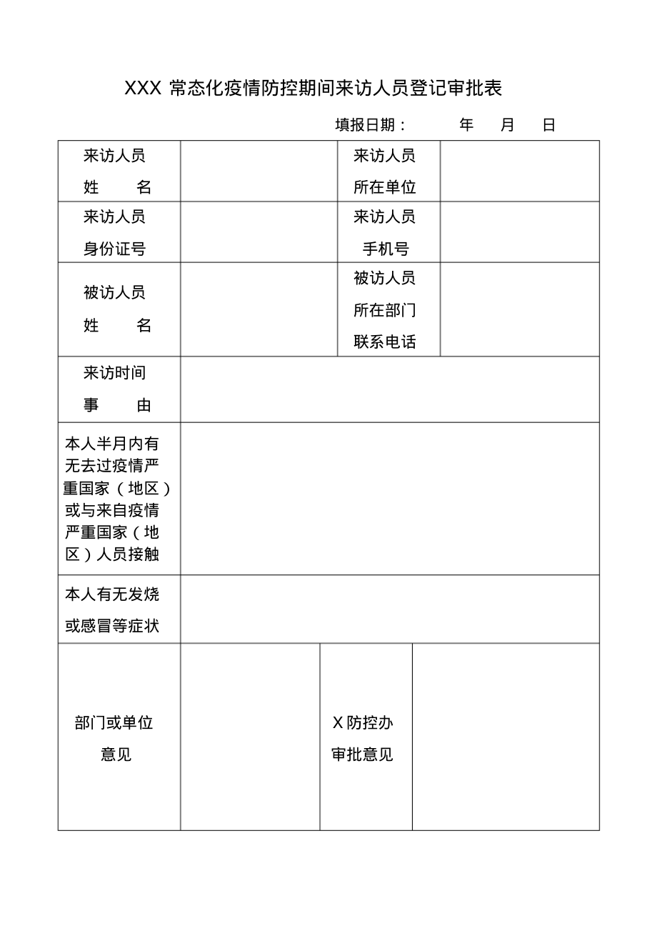 某某单位常态化疫情防控期间来访人员登记审批表.pdf_第1页