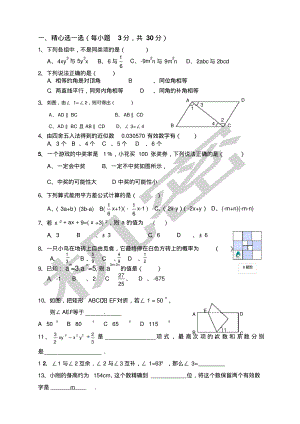 北师大版七年级下册数学期中考试复习题.pdf