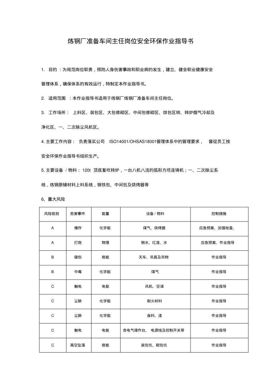 炼钢厂准备车间主任岗位安全环保作业指导书.pdf_第1页