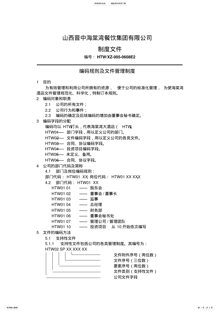 2022年2022年海棠湾餐饮有限公司编码规则及文件管理制度 .pdf_第1页