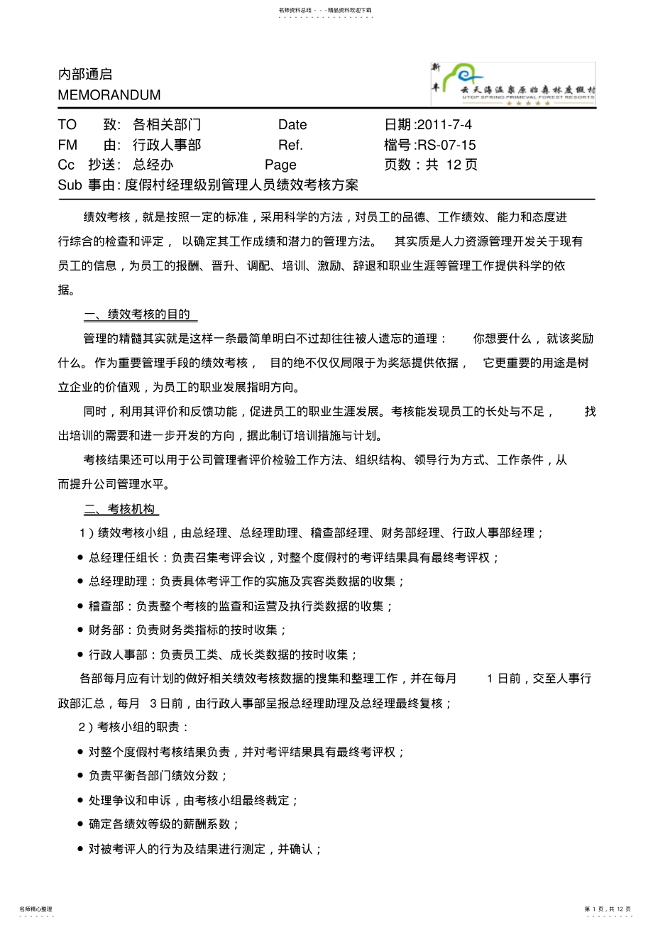 2022年2022年酒店经理级别绩效考核方案 .pdf_第1页