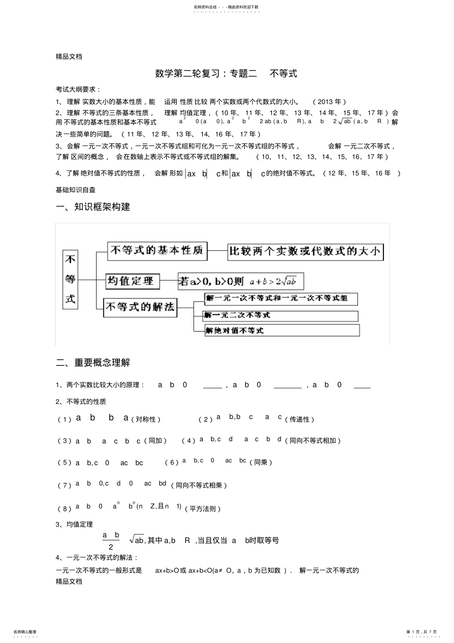 2022年最新高职数学第二轮复习专题不等式资料 .pdf_第1页