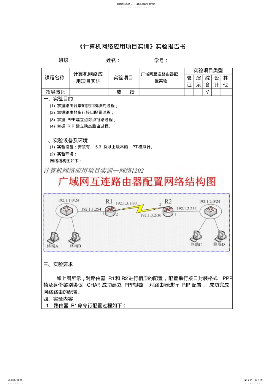 2022年2022年计算机网络应用项目实训-广域网互连路由配置实验 .pdf_第1页