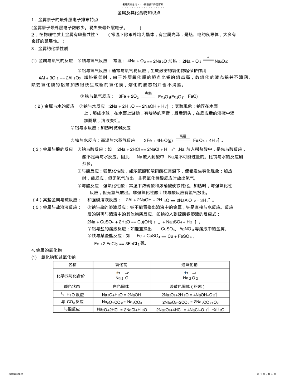 2022年2022年金属及其化合物知识点汇总 .pdf_第1页