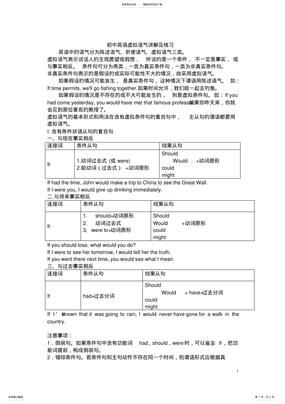 2022年2022年精品初中英语虚拟语气讲解及练习 .pdf_第1页