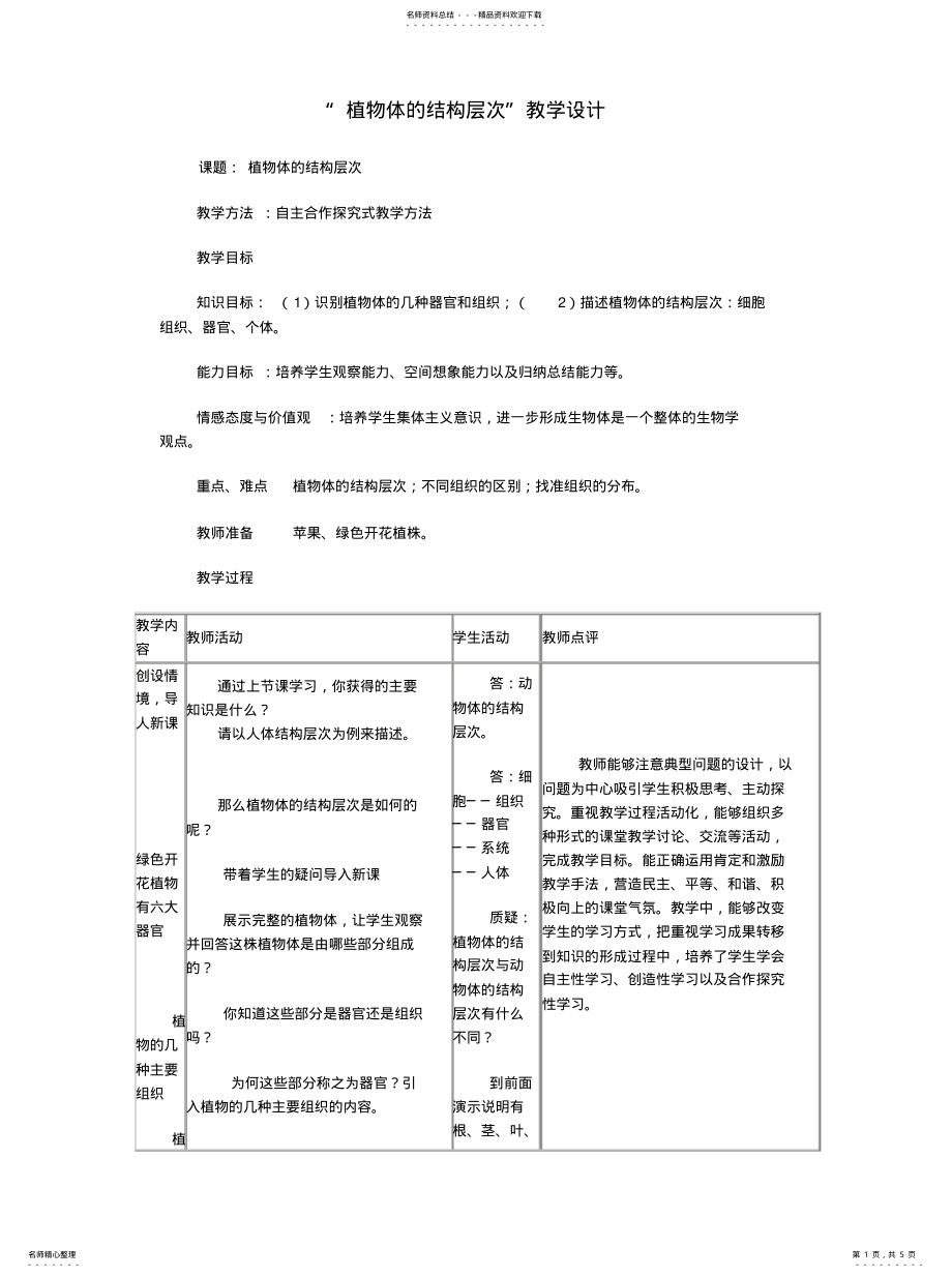 2022年植物体的结构层次教案归纳 .pdf_第1页