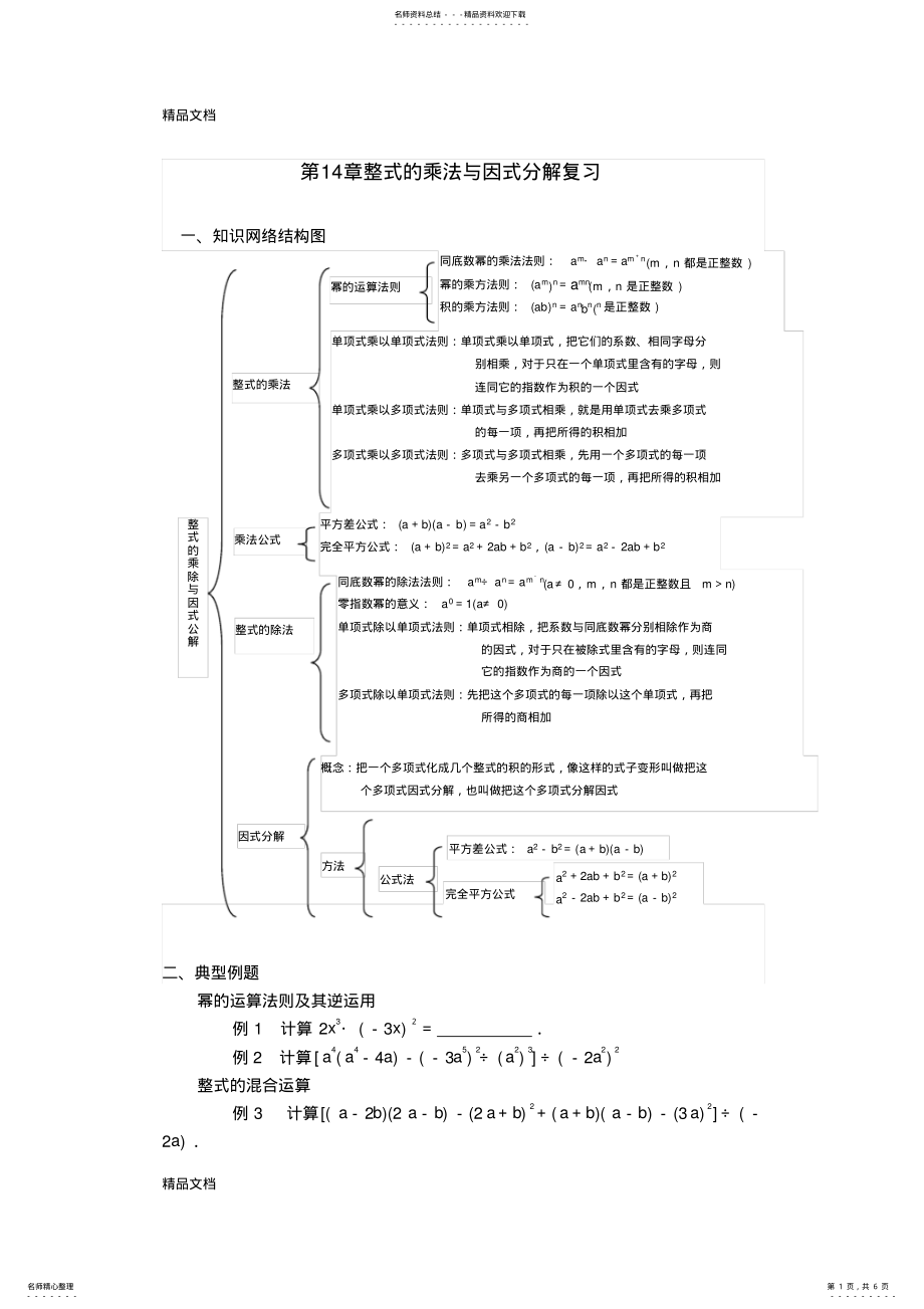 2022年最新新人教版八年级数学第十四章整式乘法与因式分解复习 .pdf_第1页