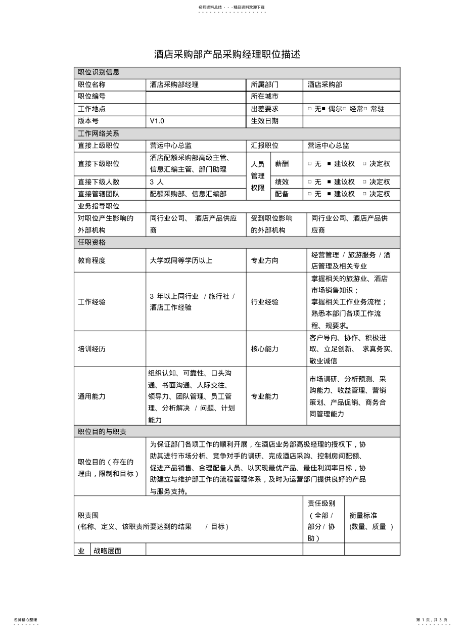 2022年2022年酒店采购部经理岗位说明书. .pdf_第1页