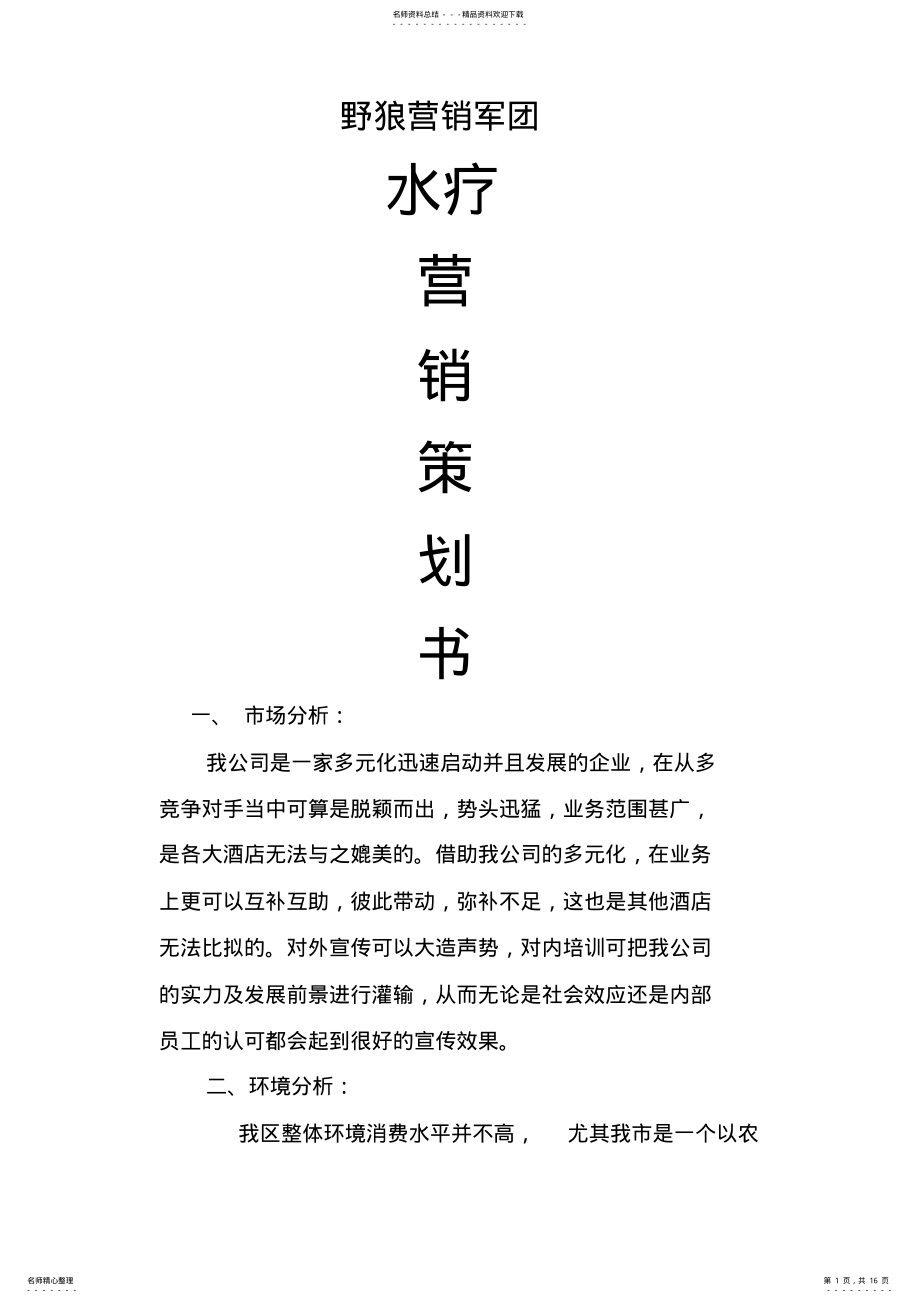 2022年水疗酒店营销策划书 .pdf_第1页