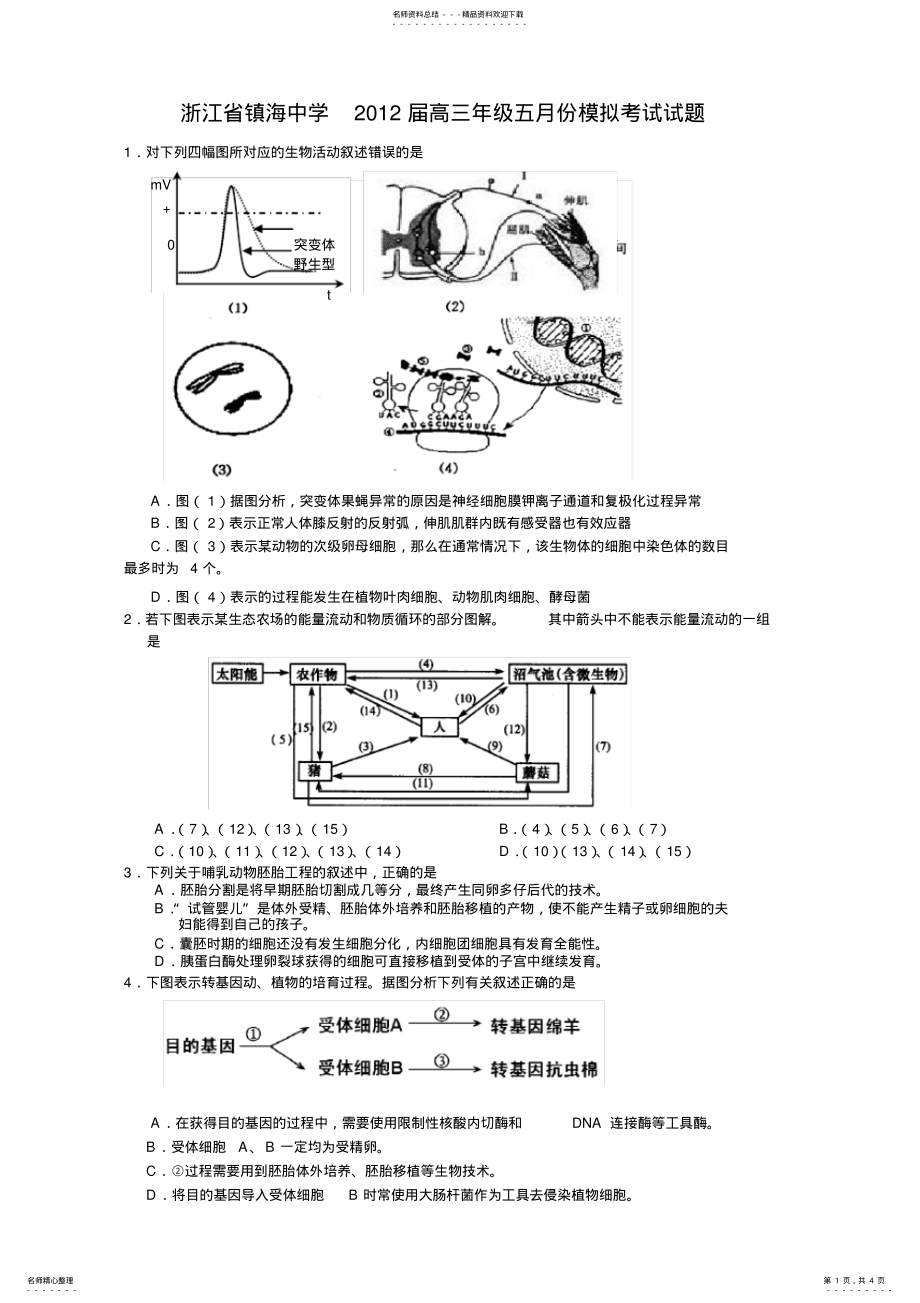 2022年浙江省镇海中学高三年级五月份模拟考试试题 .pdf_第1页