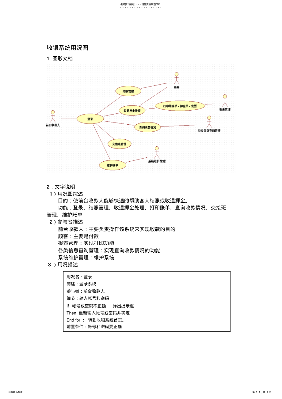 2022年2022年酒店收银系统的用况图、类图及顺序图文档 .pdf_第1页