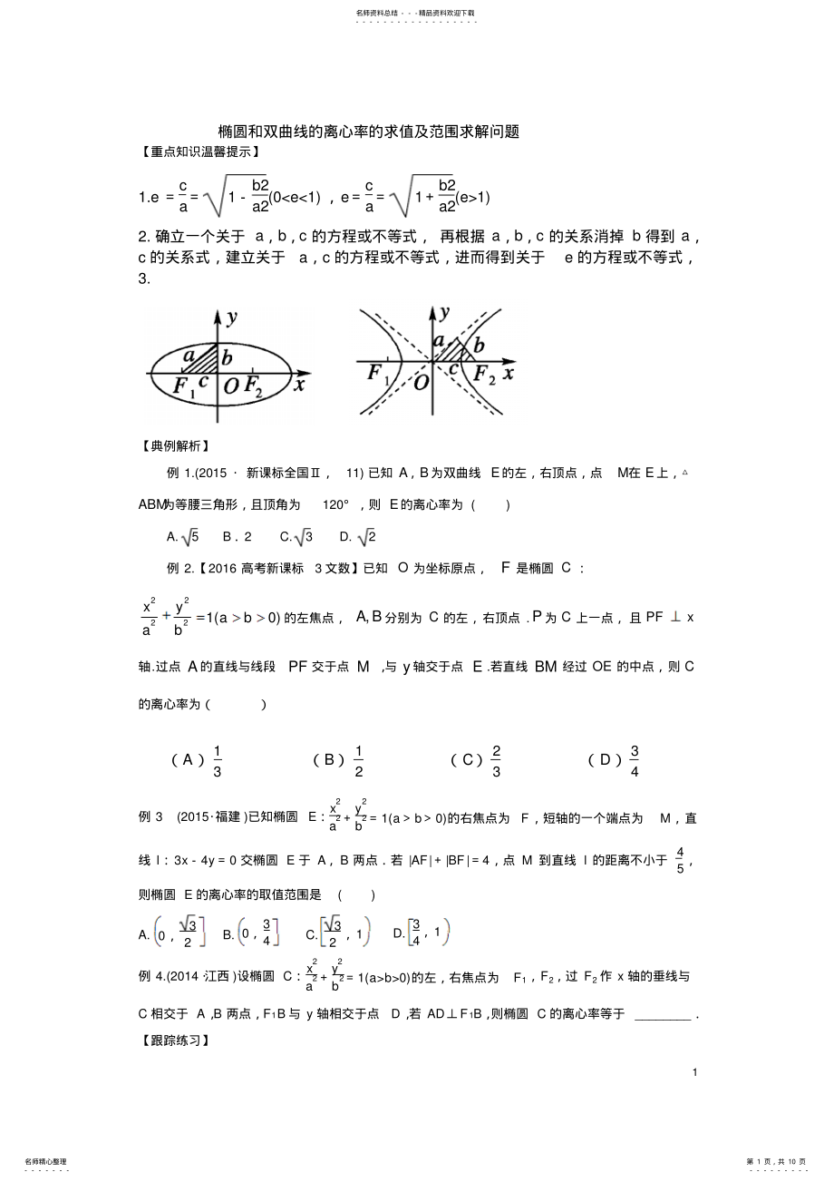 2022年椭圆和双曲线的离心率的求值及范围问题借鉴 .pdf_第1页