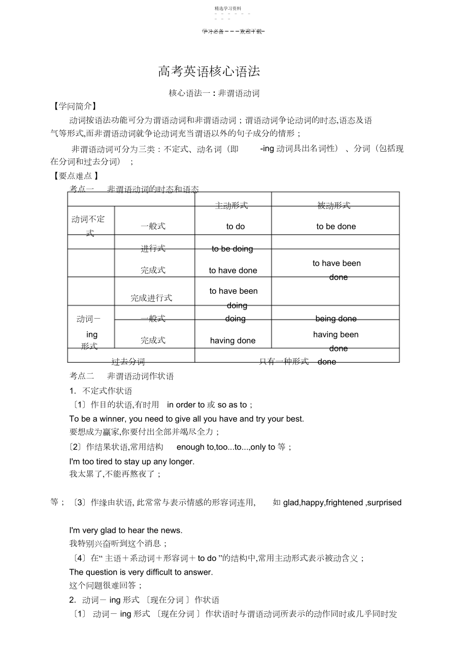 2022年核心语法一非谓语动词及答案.docx_第1页