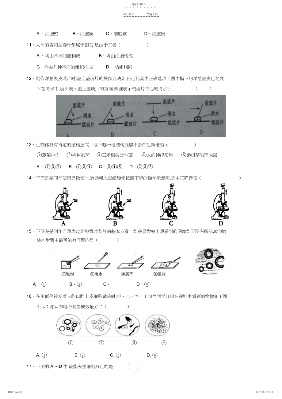 2022年浙教版科学第一轮复习专题训练：观察多种多样的生物和细胞.docx_第2页