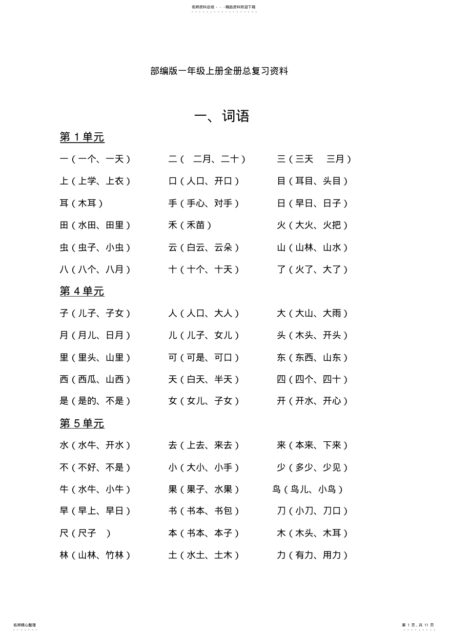 2022年最新部编版一年级语文上册期末复习资料 .pdf_第1页