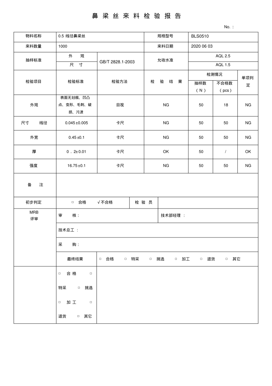 口罩鼻梁条来料检验记录表格.pdf_第1页