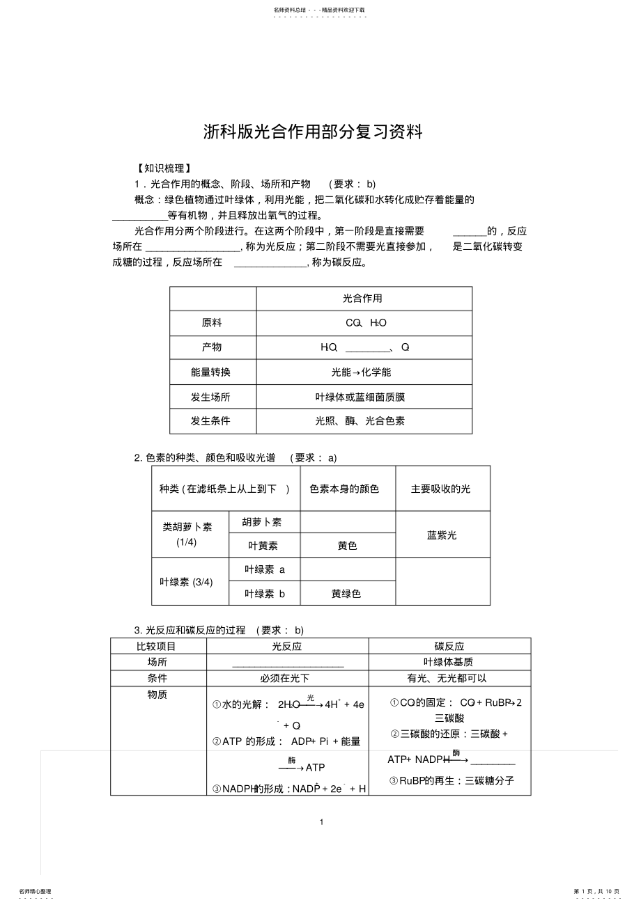 2022年浙科版光合作用知识点梳理及选考真题汇总,推荐文档 .pdf_第1页