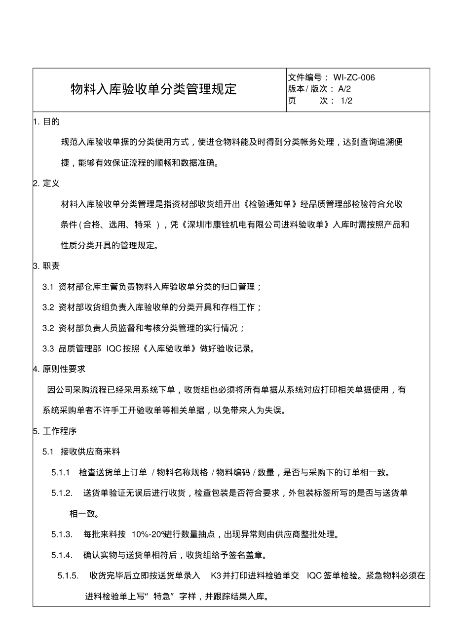 物料入库验收单分类管理规定.pdf_第1页