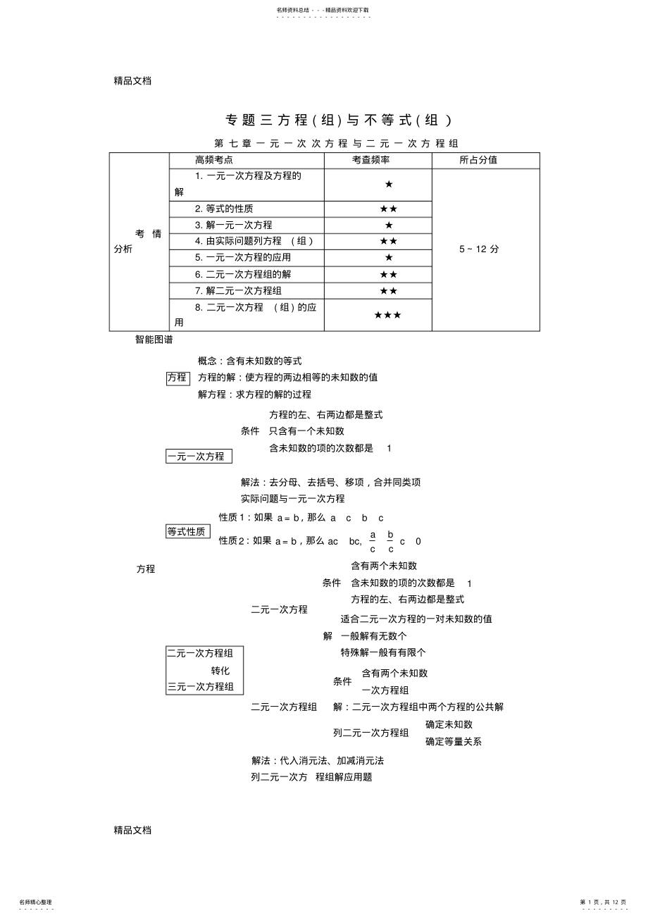 2022年最新中考数学总复习知识点聚焦：第章-一元一次方程与二元一次方程组 .pdf_第1页