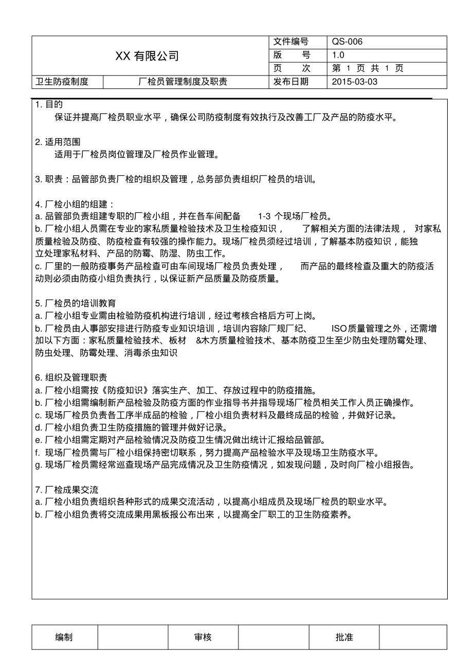 卫生防疫管理制度之厂检员管理及职责.pdf_第1页