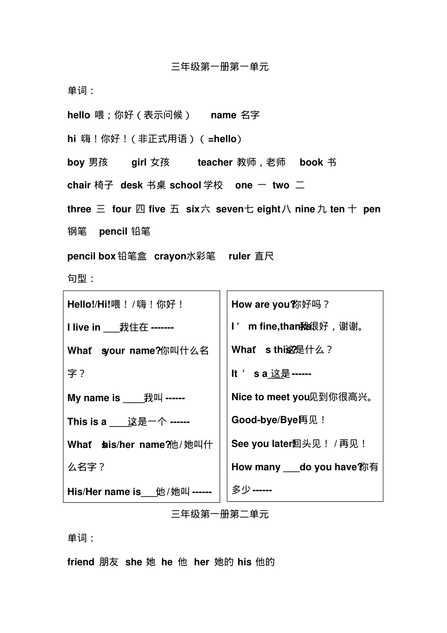 冀教版三年级上册英语复习资料.pdf_第1页