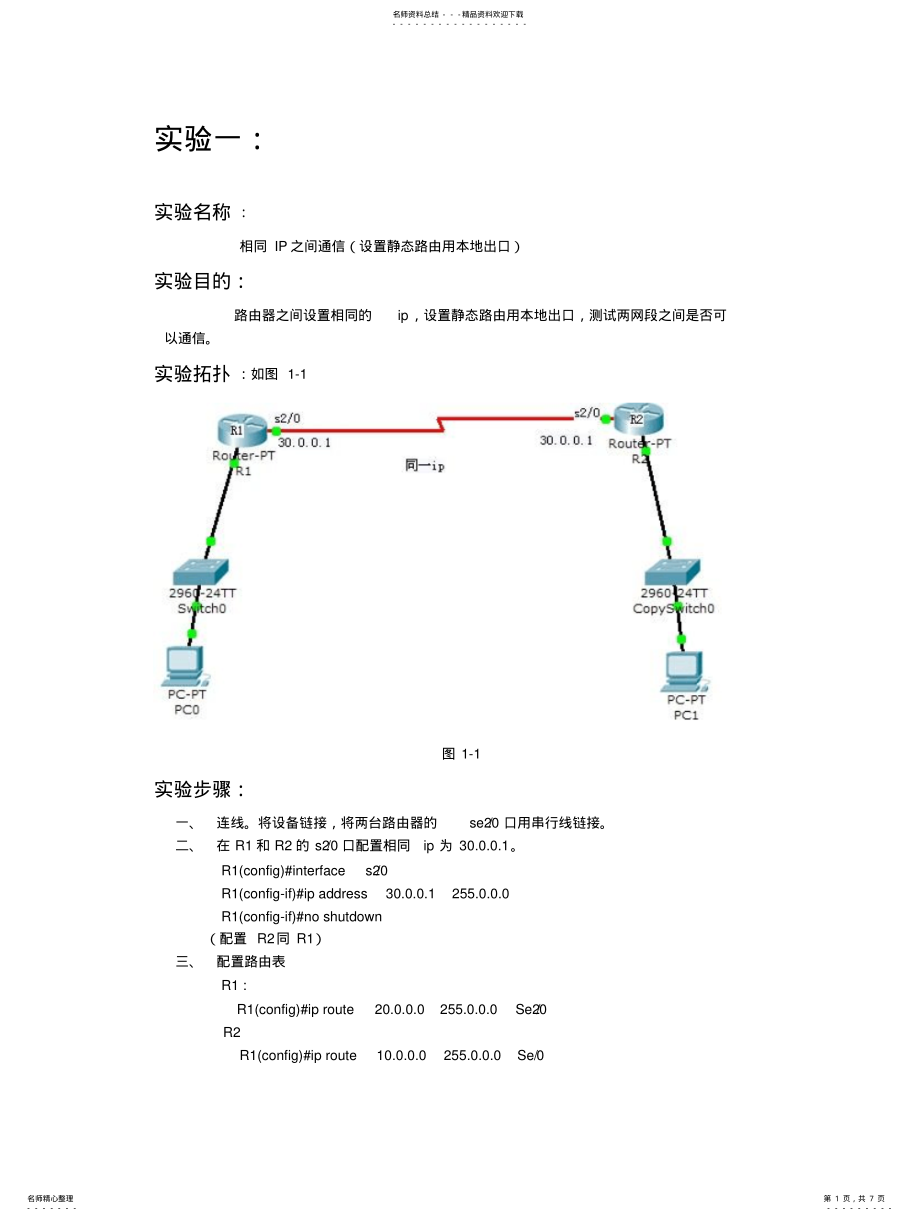 2022年2022年静态路由配置实验报告 .pdf_第1页