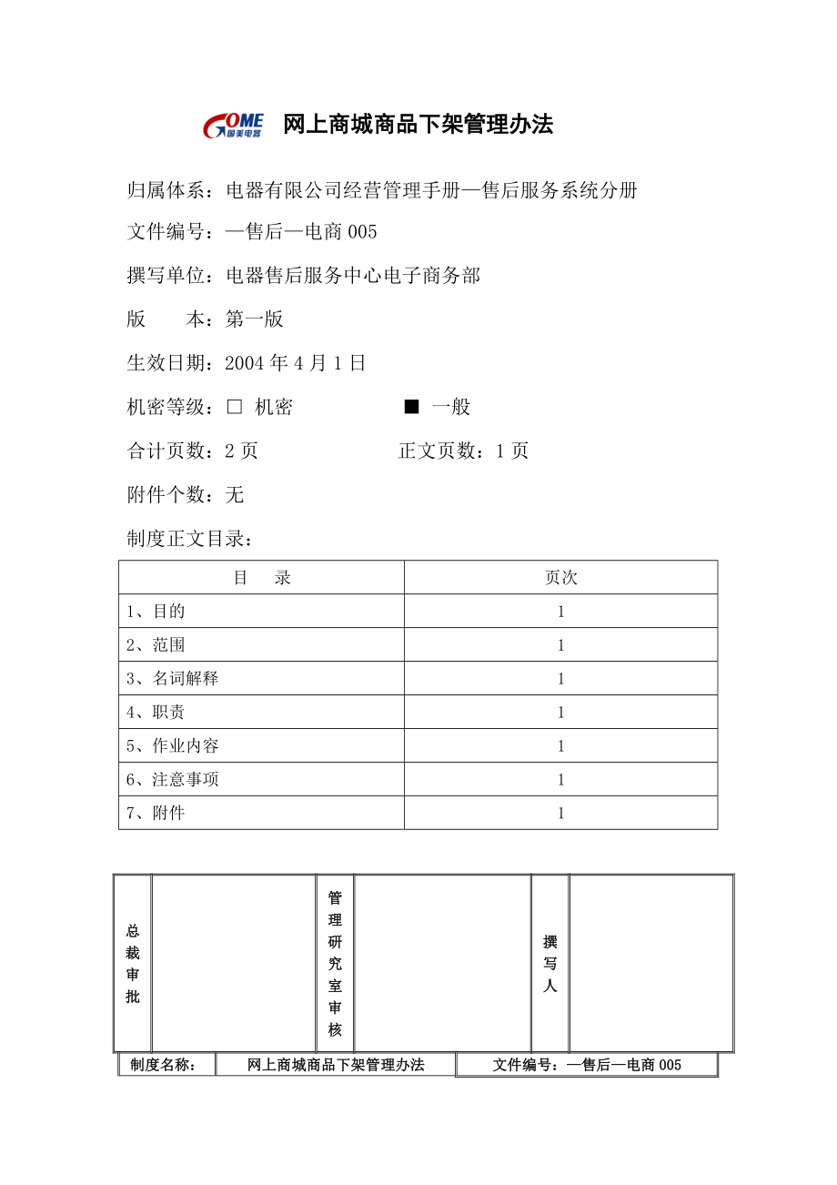 家电卖场超市大型百货运营资料 售后 电商005 网上商城商品下架管理办法.doc_第1页