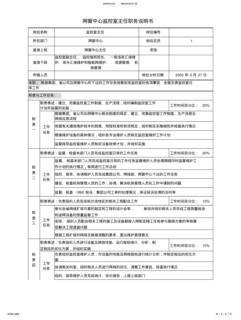 2022年材料行业网管中心监控室主任岗位说明书 .pdf_第1页