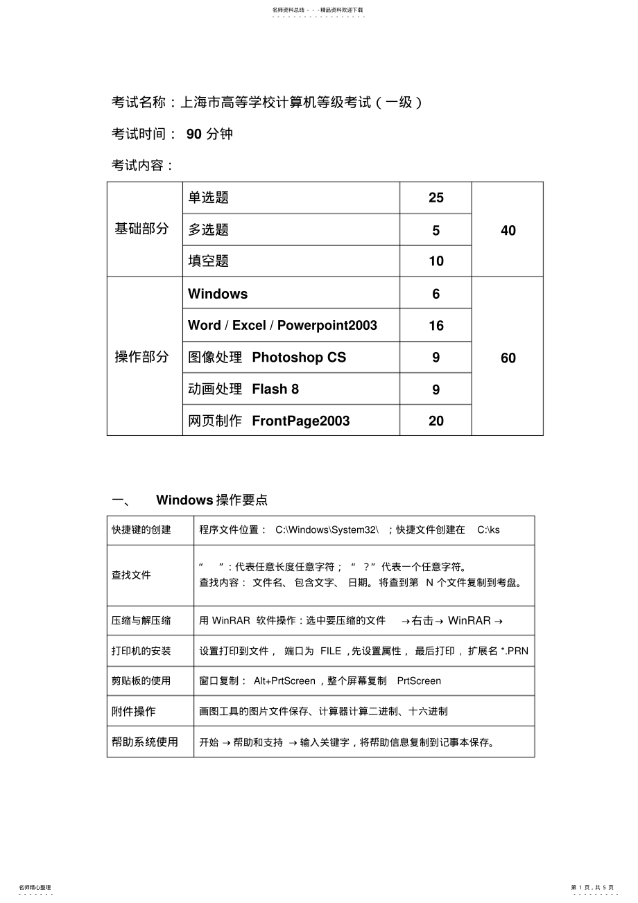 2022年2022年计算机一级考操作题知识点归纳 .pdf_第1页