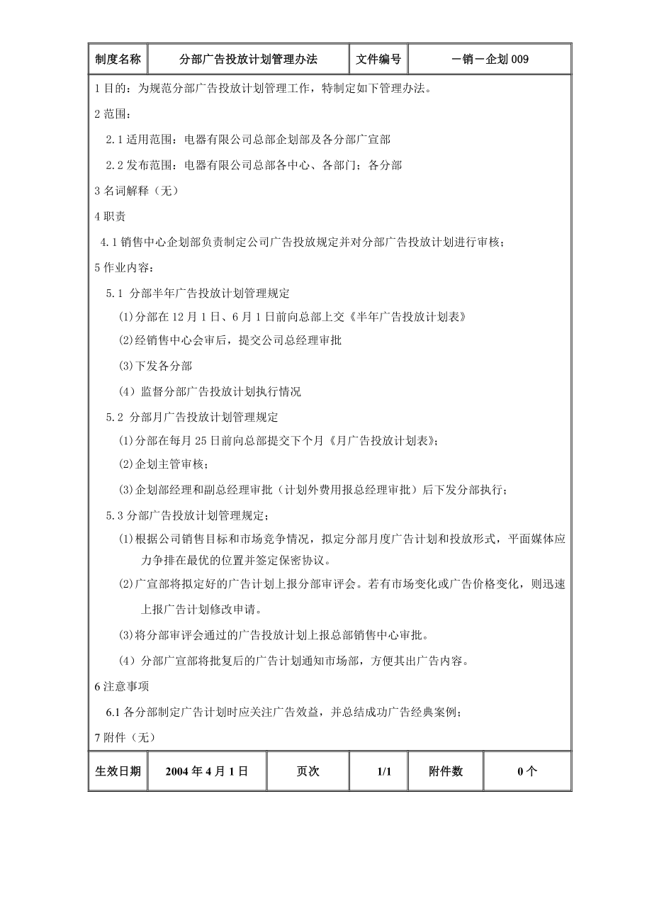 家电卖场超市大型百货运营资料 销售 企划009 分部广告投放计划管理办法.doc_第2页