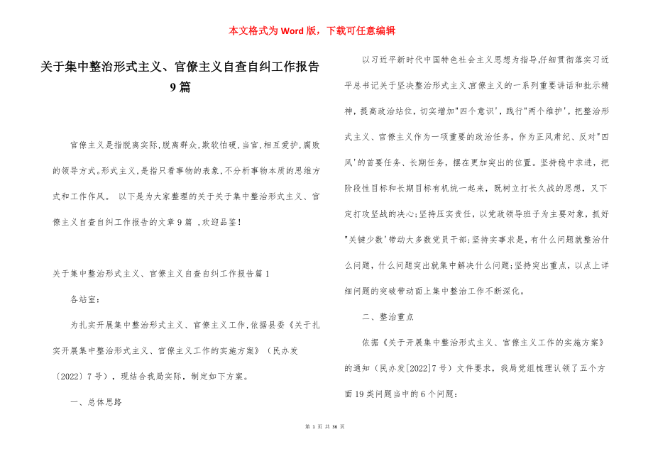 关于集中整治形式主义、官僚主义自查自纠工作报告9篇.docx_第1页