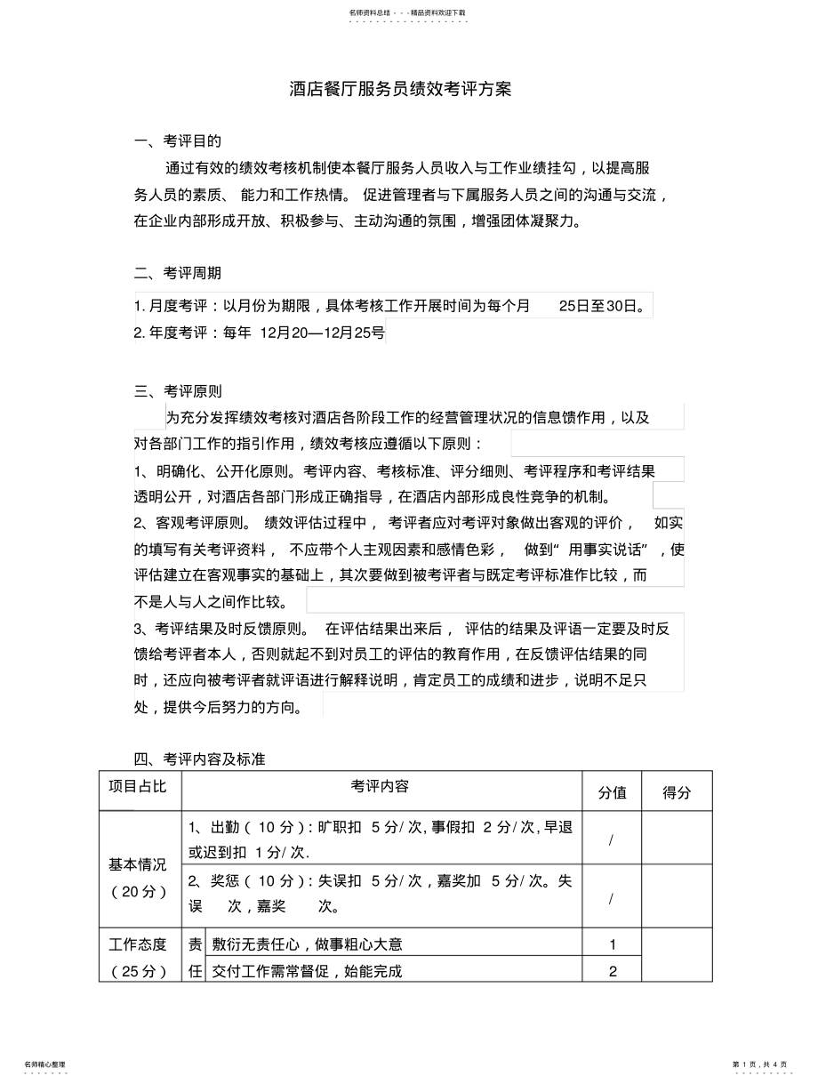 2022年2022年酒店餐厅服务员绩效考评方案 .pdf_第1页