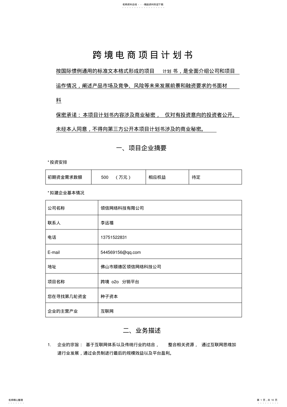 2022年2022年跨境电商项目计划书 6.pdf_第1页