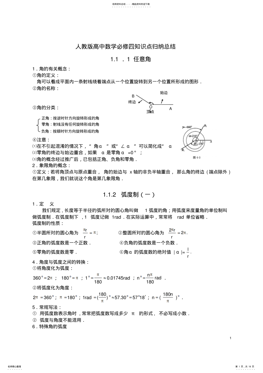 2022年最新人教版高中数学必修四知识点归纳总结 .pdf_第1页