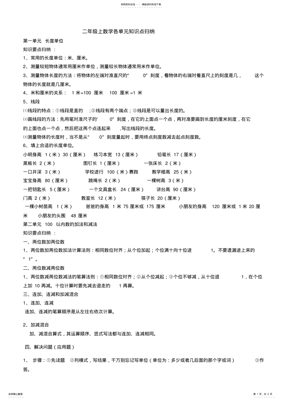 2022年最新人教版二年级数学上册全册概念知识点整理,推荐文档 .pdf_第1页