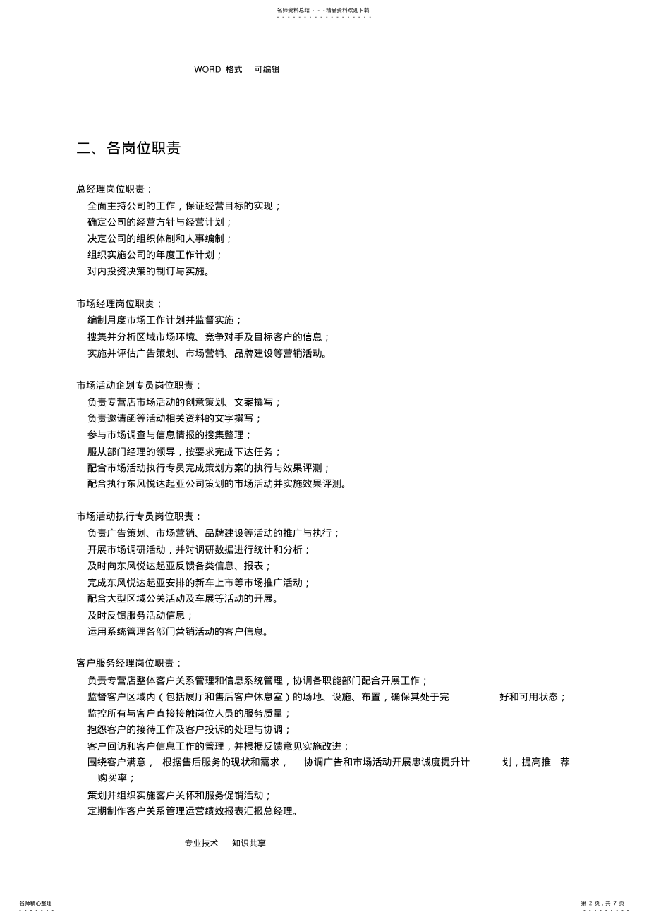 2022年汽车销售服务有限公司组织架构和岗位职责 .pdf_第2页