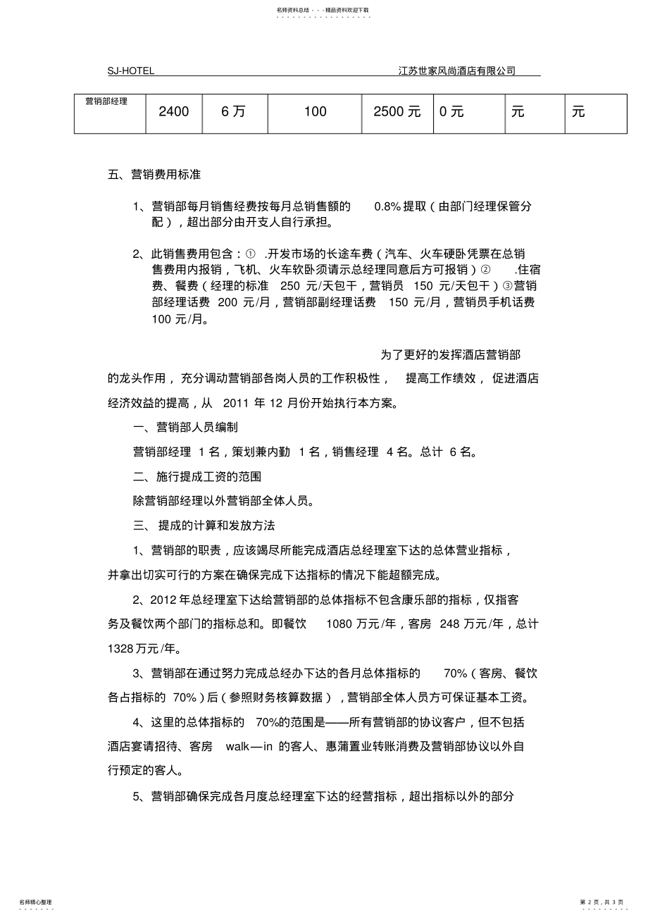 2022年2022年酒店客房营销部提成方案 .pdf_第2页