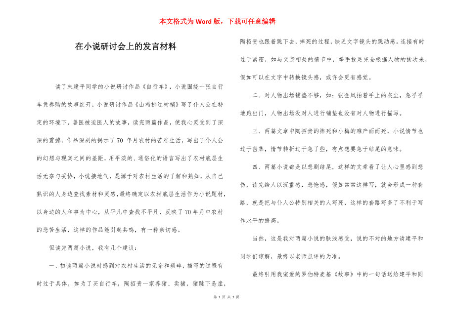 在小说研讨会上的发言材料.docx_第1页