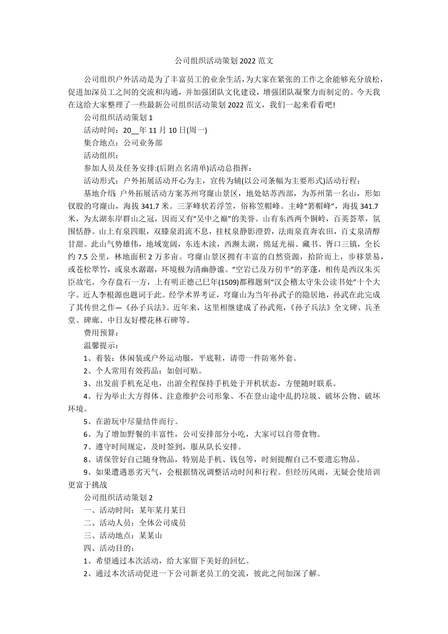 公司组织活动策划2022范文.docx_第1页