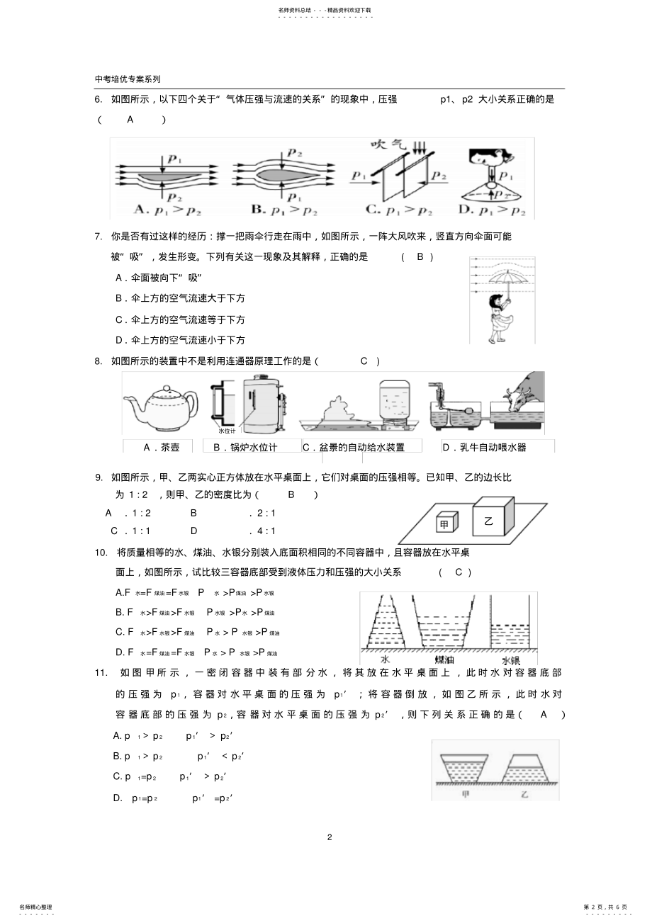 2022年最新中考物理培优专项复习——压强 .pdf_第2页