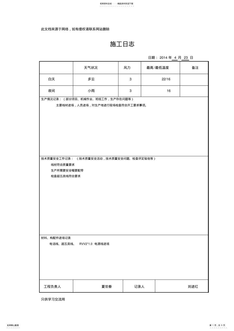 2022年月份弱电施工日志讲课教案 .pdf_第1页