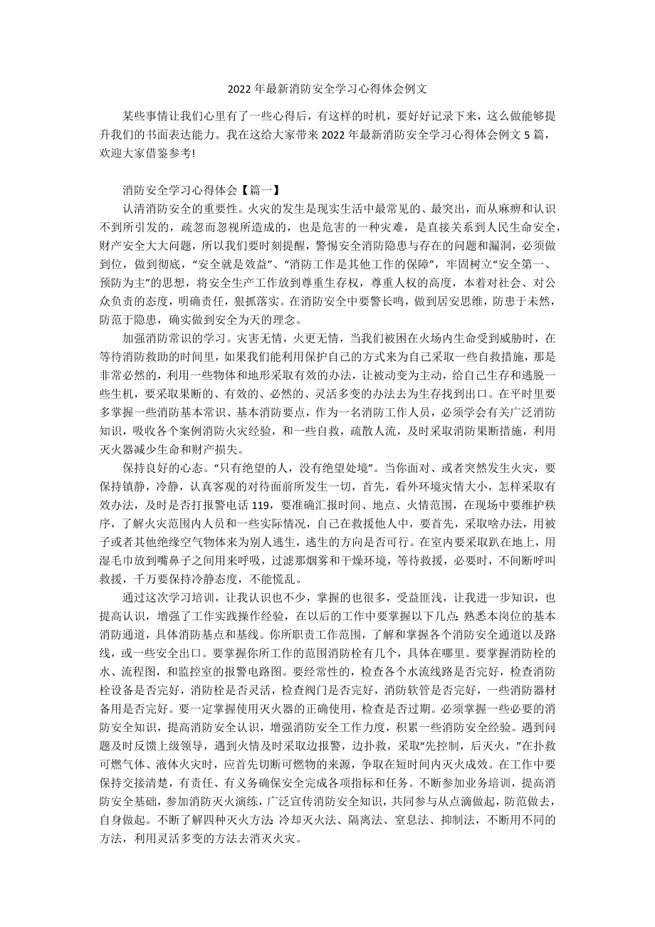 2022年最新消防安全学习心得体会例文.docx_第1页