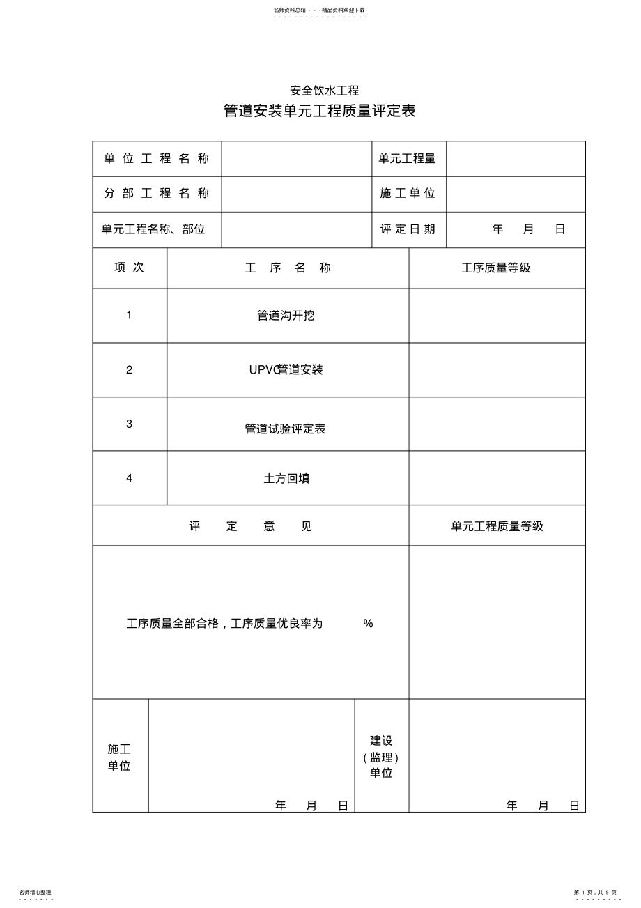 2022年2022年管道安装单元工程质量评定表 2.pdf_第1页