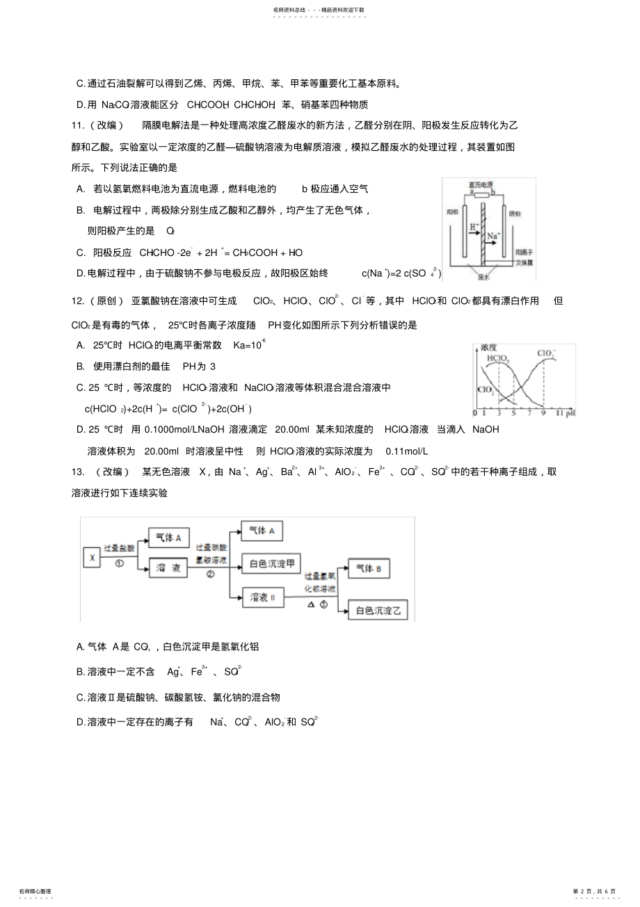 2022年浙江省高考化学模拟试题 12.pdf_第2页