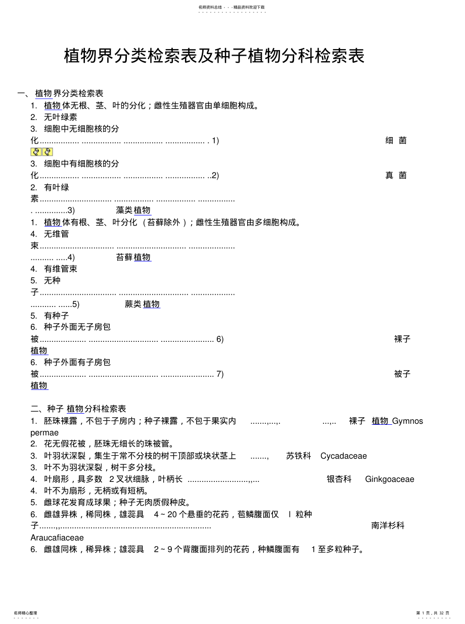 2022年植物界分类检索表及种子植物分科检索表整理 .pdf_第1页