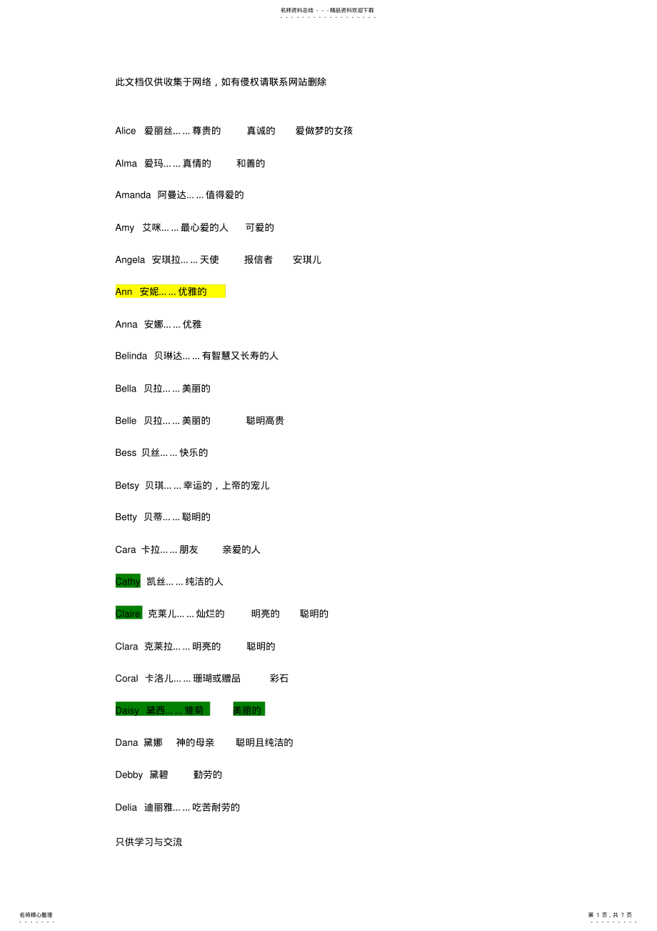 2022年有美好含义的英文名好听的女孩英文名知识交流 .pdf_第1页