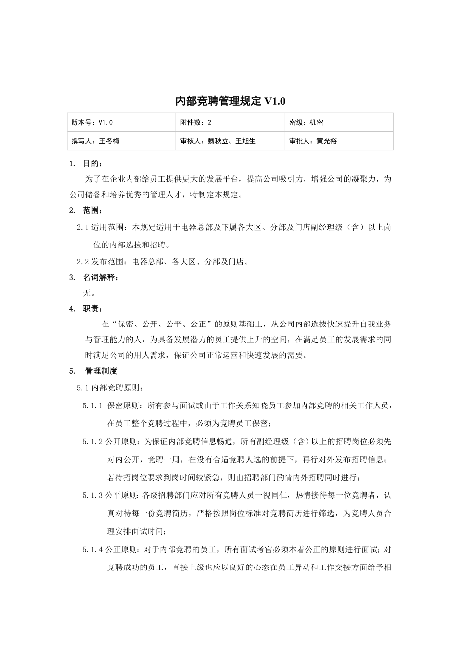 家电卖场超市大型百货运营资料 人资 招聘002 内部竞聘管理规定V1.0.doc_第1页