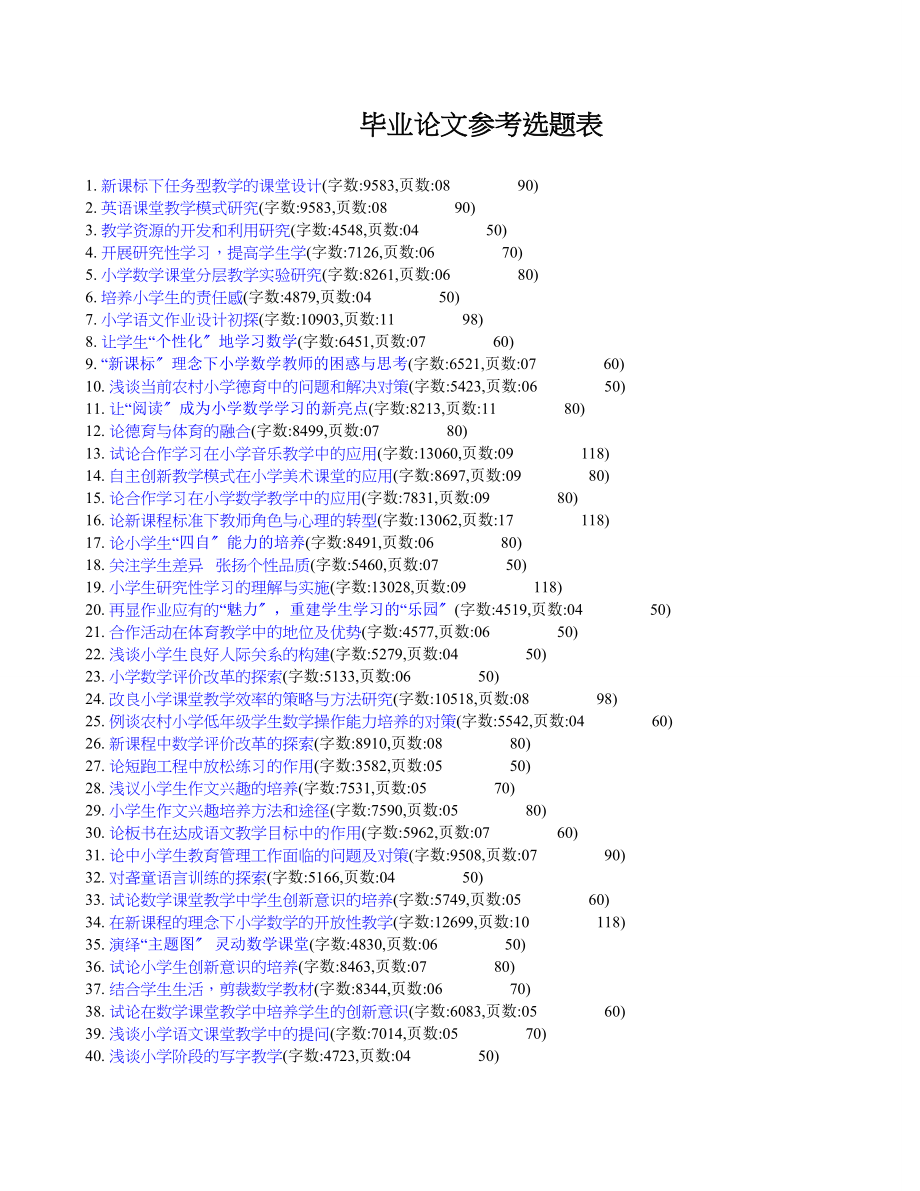 小学教育专业毕业论文论文范文毕业论文参考选题表.doc_第1页