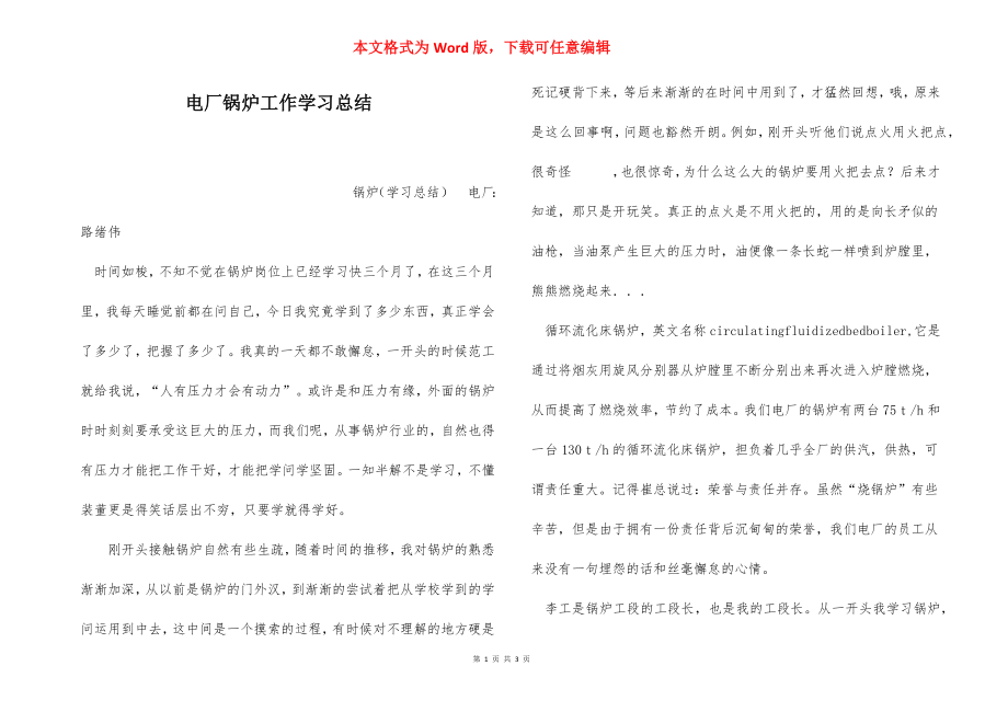 电厂锅炉工作学习总结.docx_第1页