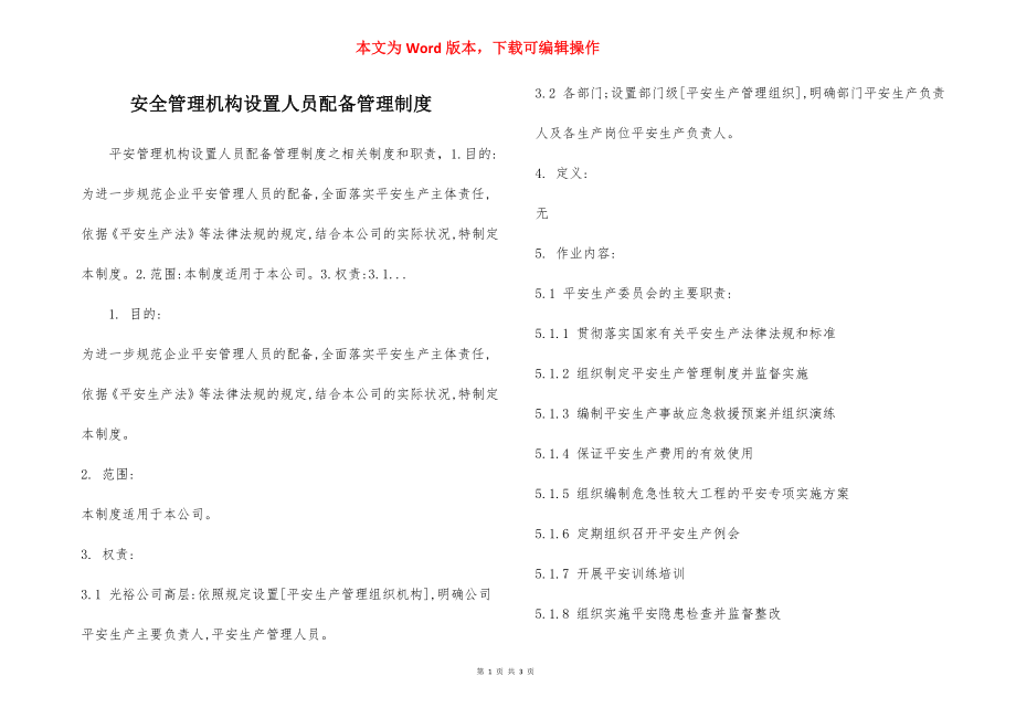 安全管理机构设置人员配备管理制度.docx_第1页